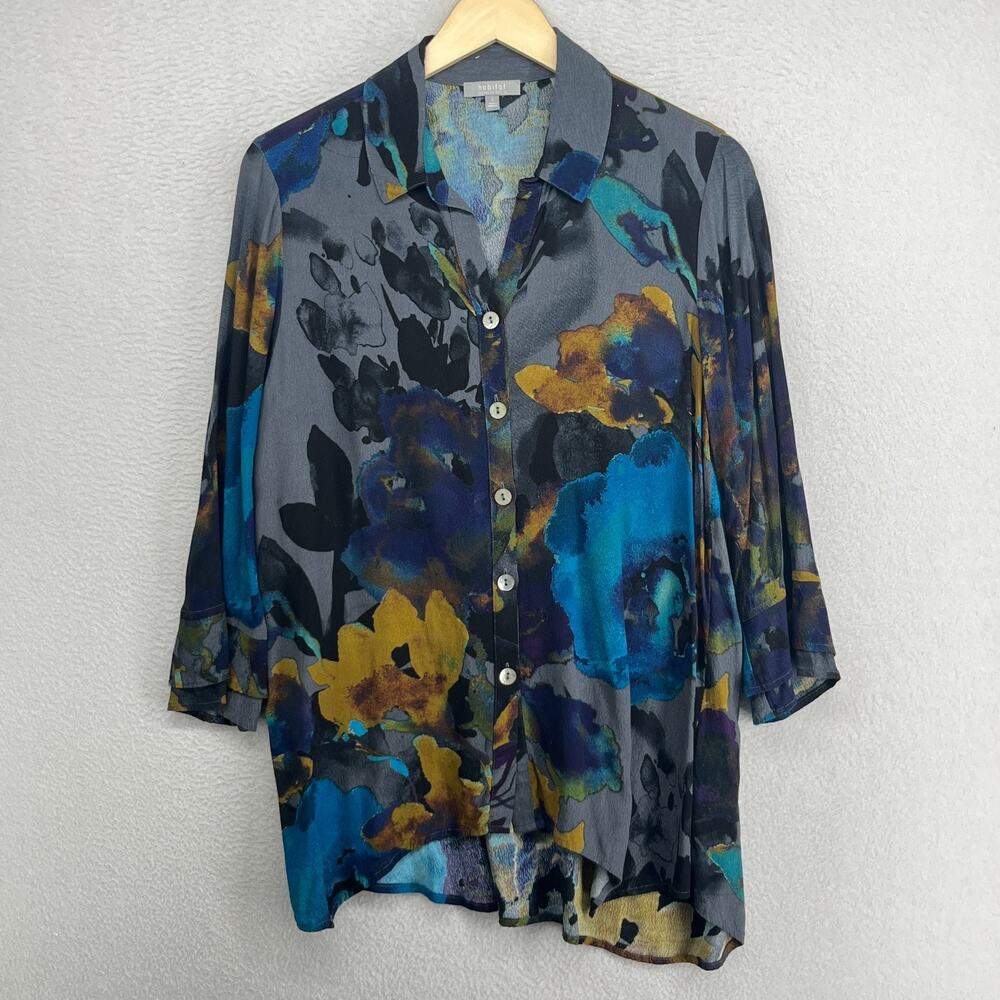 HABITAT Top S Dark Abstract Floral Hi Low Tunic Button Up Crepe Viscose Blue